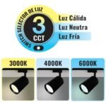 Foco Riel Negro, (Potencia Regulable 10w, 20w, 30w) 3CCT Luz cálida, neutra, fría